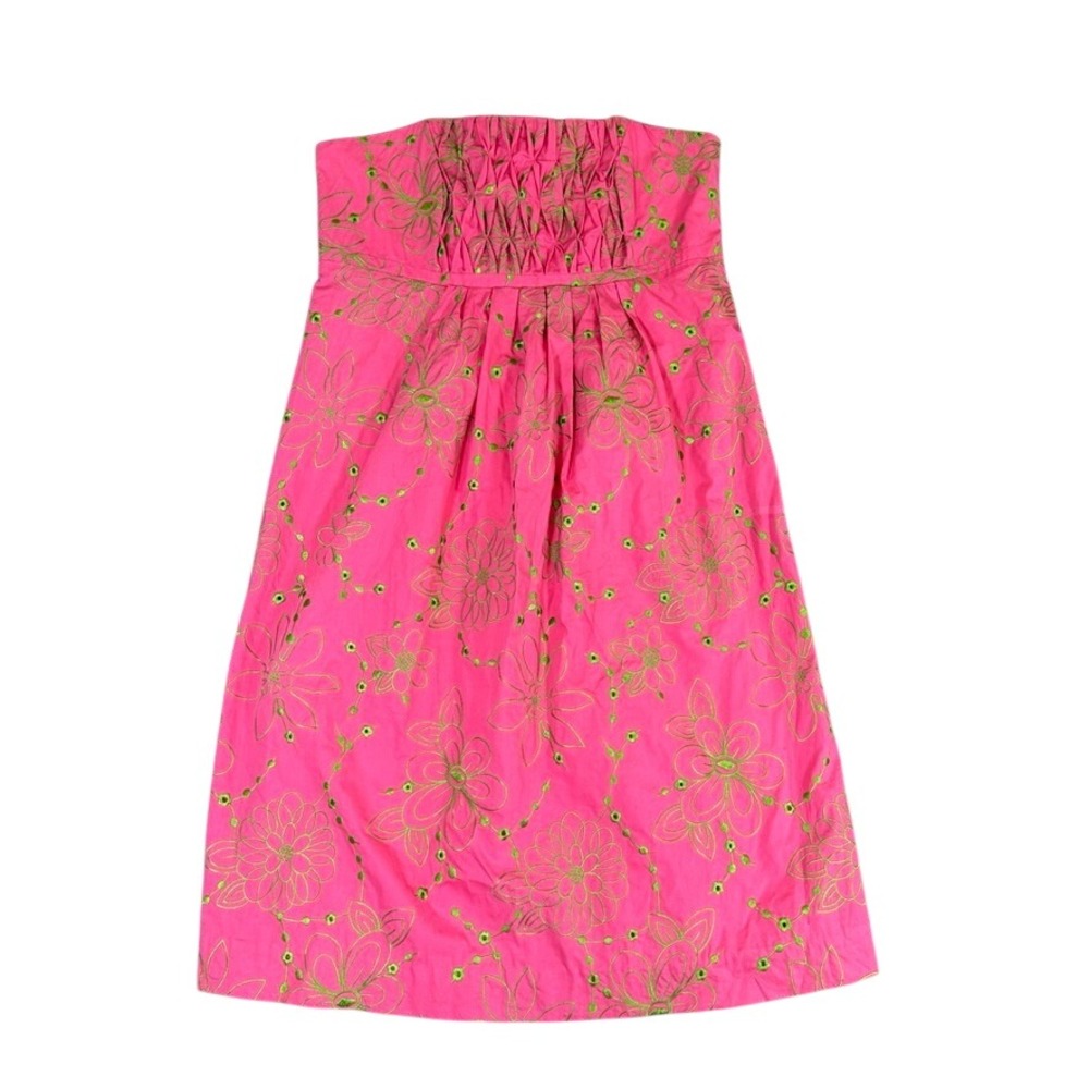 Lilly Pulitzer Pink Lime Green Floral Embroidered Strapless Cotton Dress Size 8